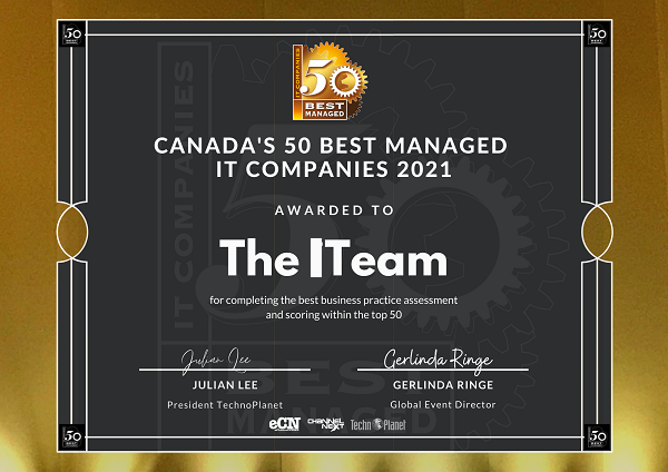 ITeam Top 50 MSP Award Certificate