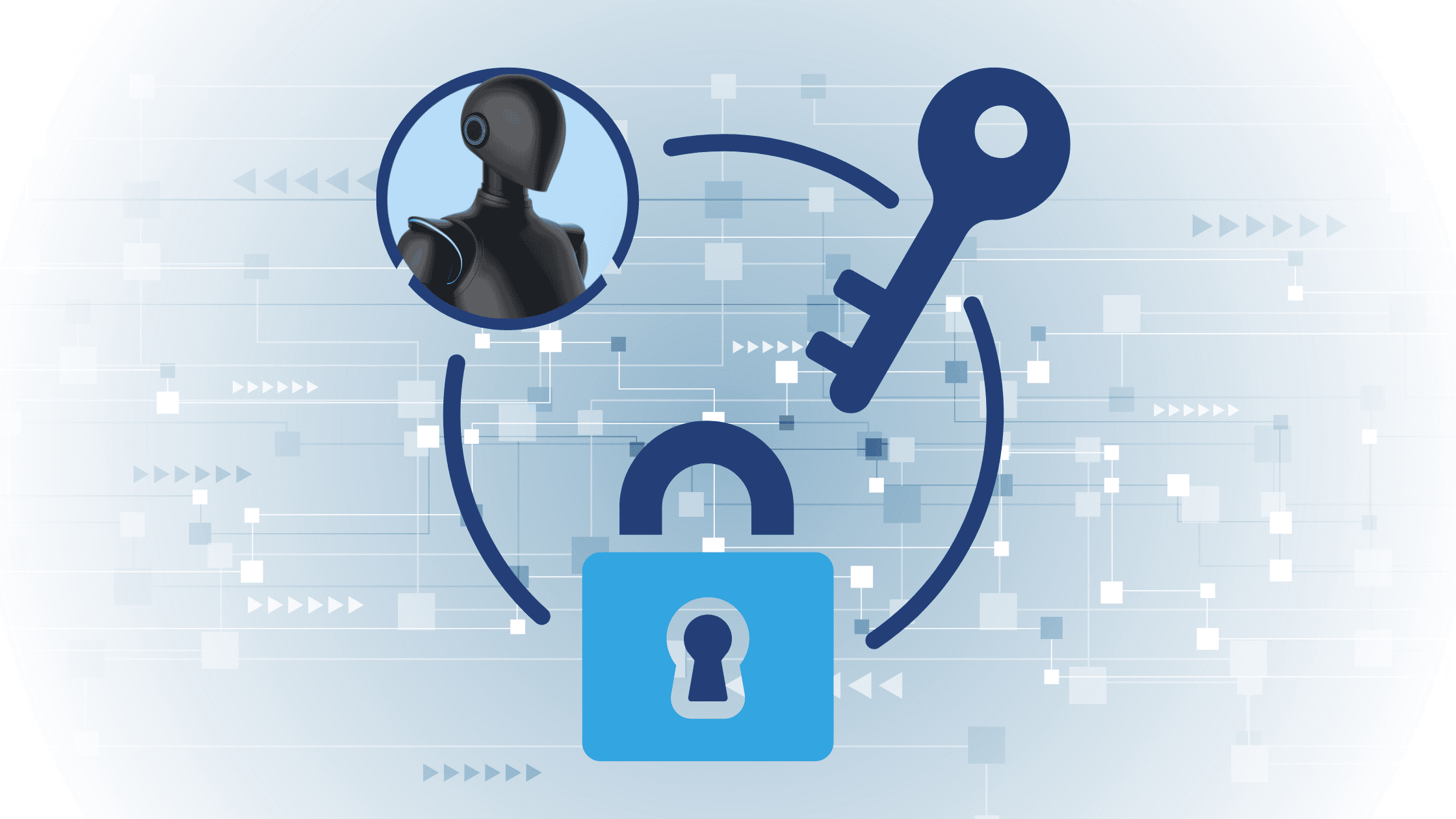 identity access management for AI agents with image featuring AI agent, a key, and a lock to imply security