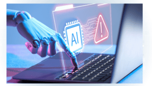 using AI as a defence against AI threats is becoming necessary. In this image a robotic hand on a keyboard is thwarting an AI attack